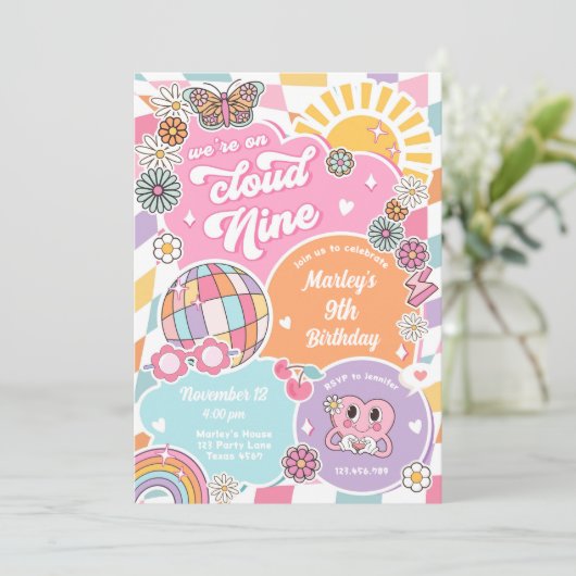 Cloud Nine Groovy Preppy Varsity Disco Verjaardag Kaart (Staand voorkant)