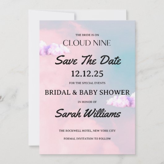 Cloud Nine Kleurrijke Pastelkleurige Bruiloft en B Save The Date (Voorkant)