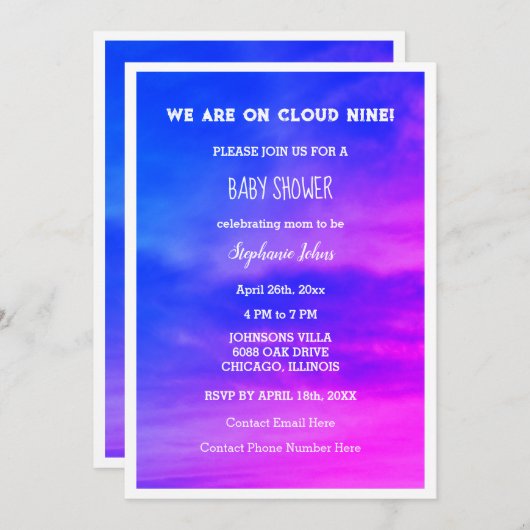Cloud Nine Meisje Baby shower Blauw Roze Kleurrijk Kaart (Voorkant / Achterkant)