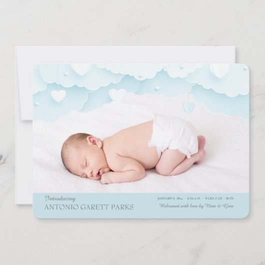 Cloud Nine Photo Birth Announcement Blue Kaart (Voorkant)