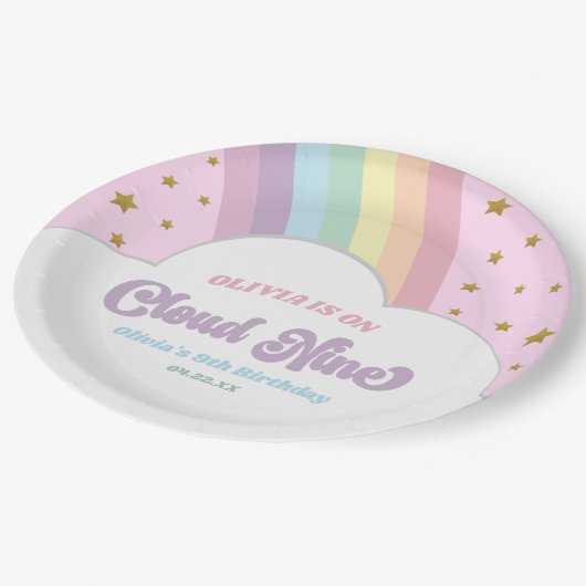 Cloud Nine Regenboog en Sterren 9e Verjaardagsfees Papieren Bordje (Gekanteld)