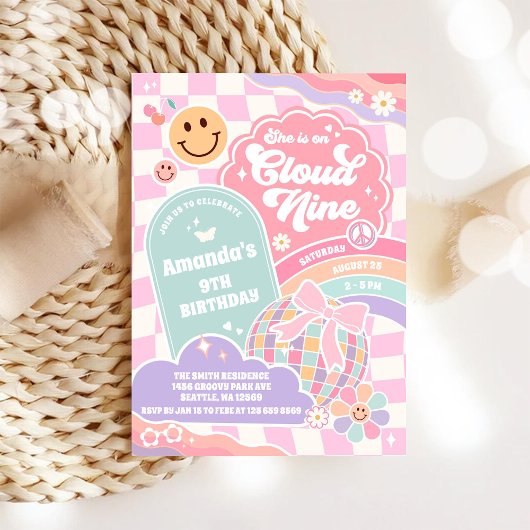 Cloud Nine Retro Groovy Daisy 9th Birthday Invitat Kaart