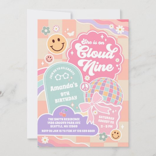 Cloud Nine Retro Groovy Daisy 9th Birthday Invitat Kaart (Voorkant)