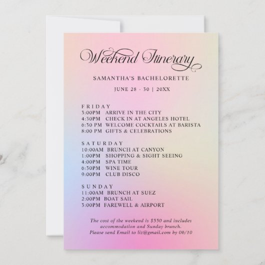 Cloud Nine Roze Gradient Bachelorette Weekend Kaart (Achterkant)