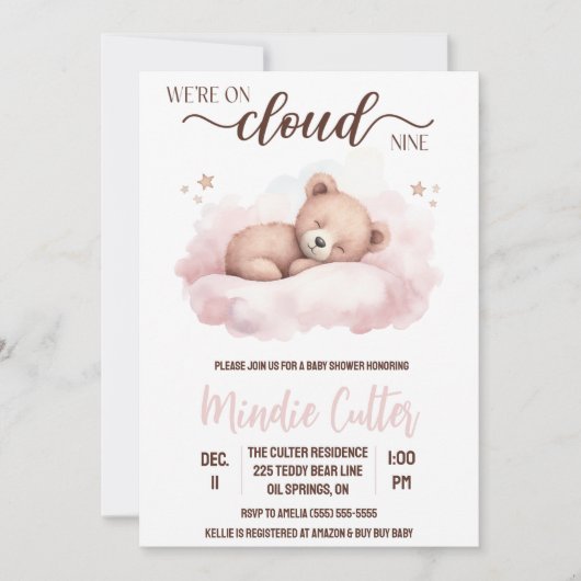 Cloud Nine, Roze Slapen Teddybeer Baby shower Kaart (Voorkant)