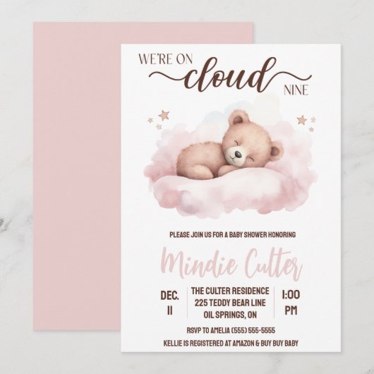 Cloud Nine, Roze Slapen Teddybeer Baby shower Kaart (Voorkant / Achterkant)