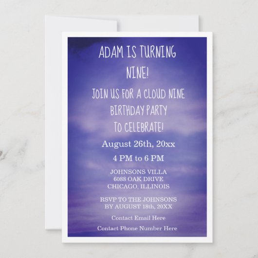 Cloud Nine Verjaardag Jongens Meisjes 9e Blauwe Ku Kaart (Voorkant)