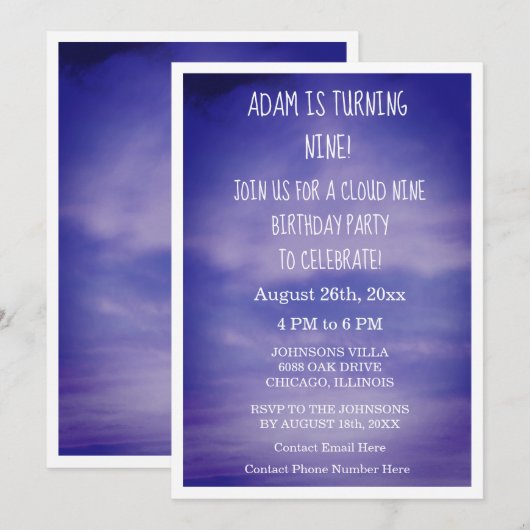 Cloud Nine Verjaardag Jongens Meisjes 9e Blauwe Ku Kaart (Voorkant / Achterkant)