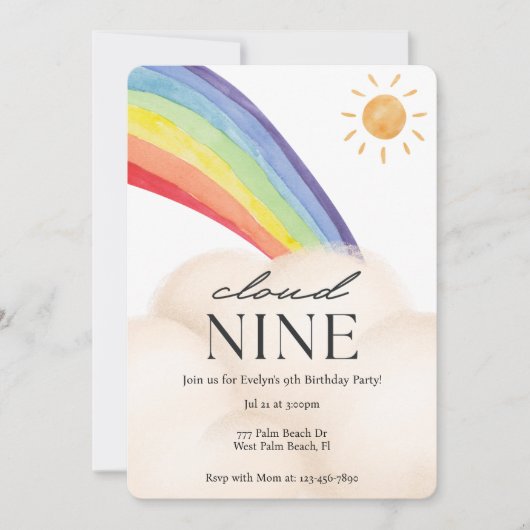 Cloud Nine Waterverf Rainbow & Cloud Ninth Birthd Kaart (Voorkant)