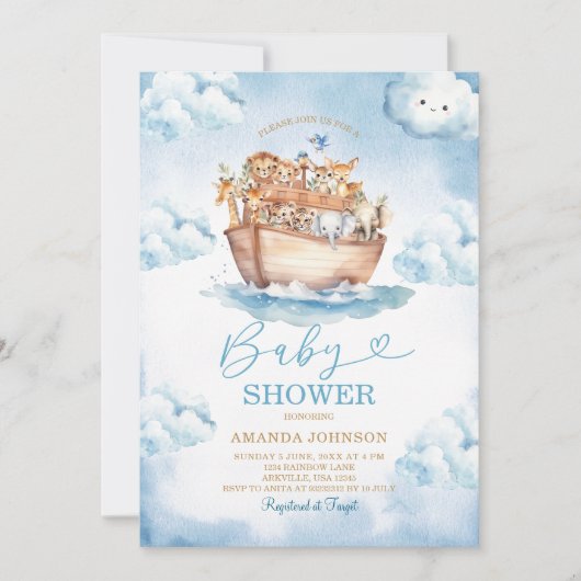 Cloud Noah's Ark Light Blue Baby Shower Kaart (Voorkant)