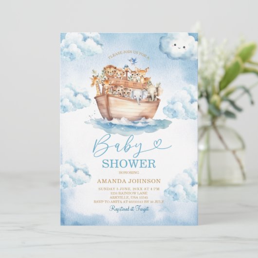 Cloud Noah's Ark Light Blue Baby Shower Kaart (Staand voorkant)