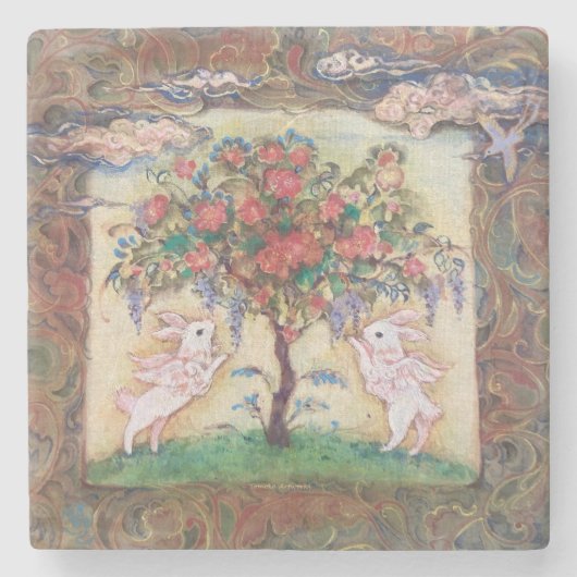 Cloud Rabbits & Tree of Life Stenen Onderzetter (Voorkant)