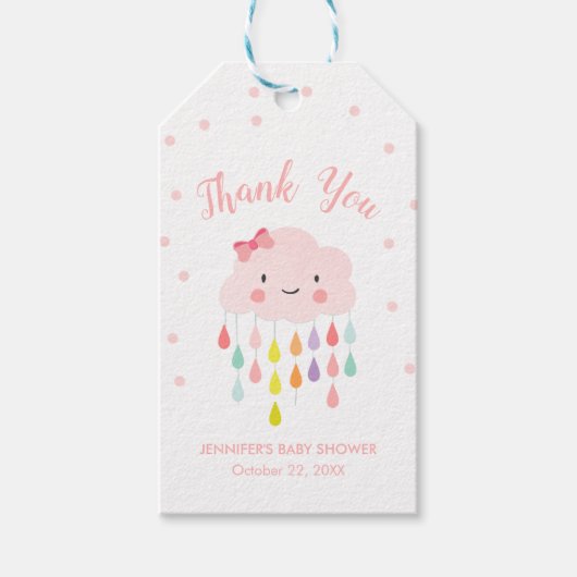 Cloud Raindrops regenboogroze Blush Dank je meisje Cadeaulabel (Voorkant)