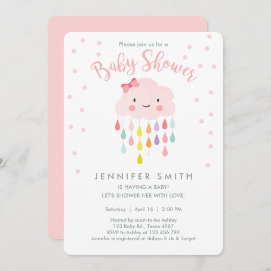 Cloud Raindrops Roze Meisje Baby shower Invitation Kaart (Voorkant / Achterkant)