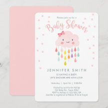 Cloud Raindrops Roze Meisje Baby shower Invitation