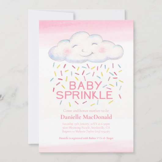 Cloud snoep strooit roze waterverf baby shower kaart (Voorkant)
