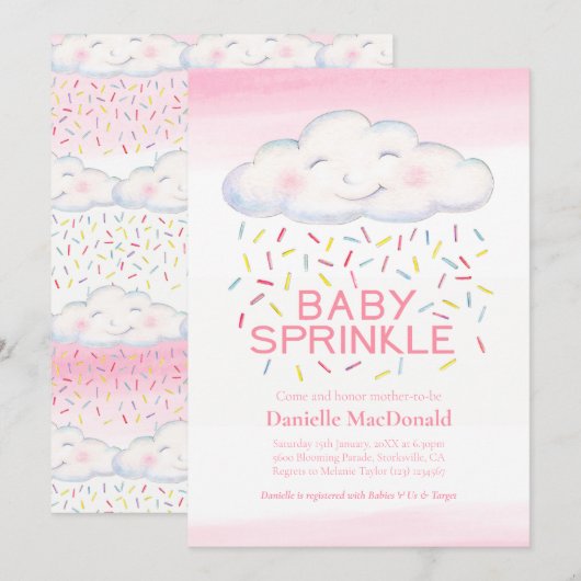 Cloud snoep strooit roze waterverf baby shower kaart (Voorkant / Achterkant)