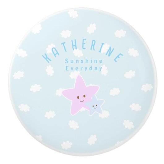 Cloud Stars Baby Pastel Blue Keramische Knop (Voorkant)