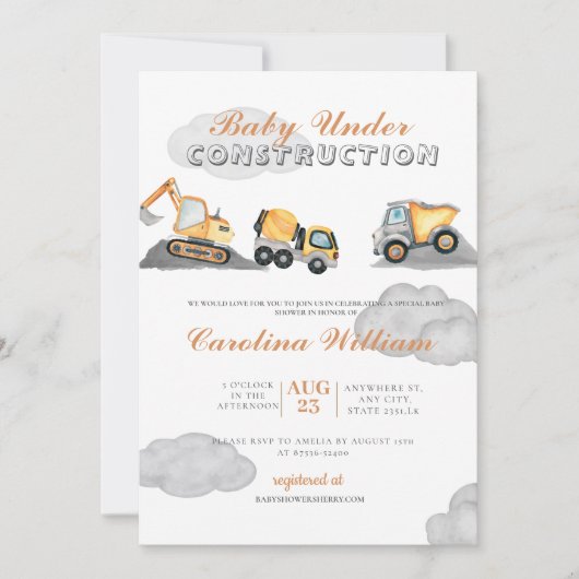 Clouds baby onder constructie baby shower kaart (Voorkant)