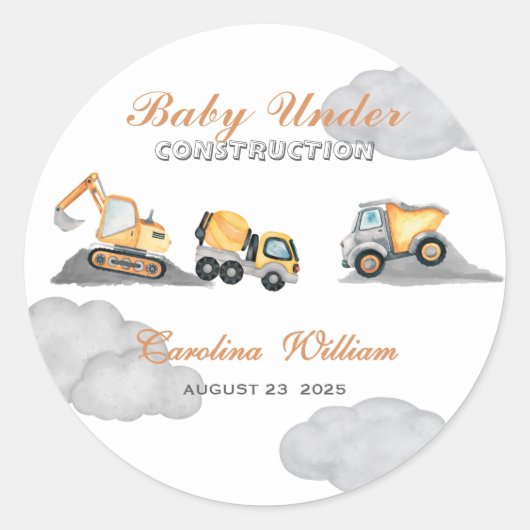 Clouds baby onder constructie baby shower ronde sticker (Voorkant)