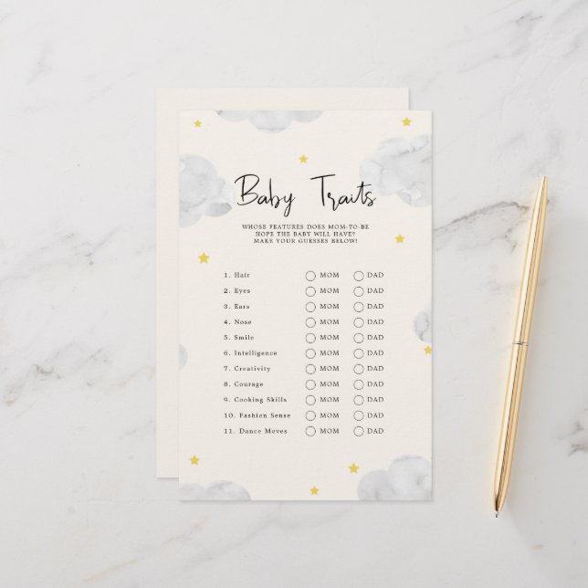 Clouds Baby Traits Baby shower spel (Voorkant / Achterkant in situ)