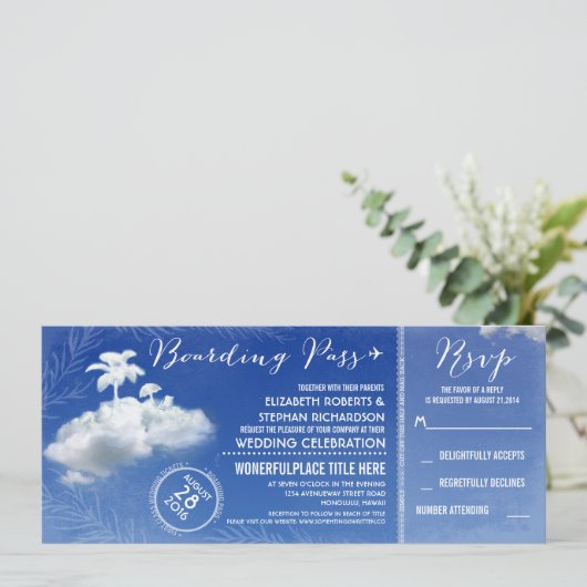 Clouds Beach Boarding Pass Wedding Tickets Uitnodi Kaart (Staand voorkant)