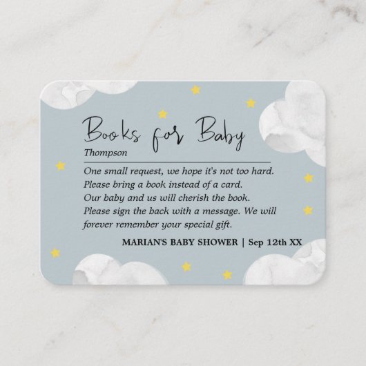 Clouds Blue Grey Boy Books Baby shower Visitekaartje (Voorkant)