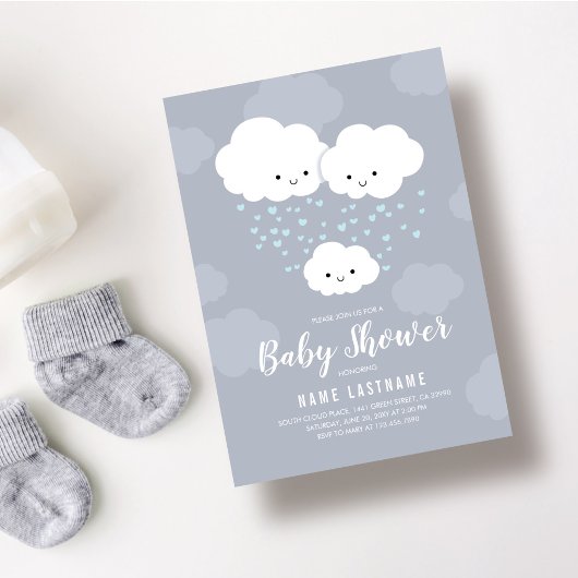 Clouds Family Couples Boy Blue Hearts Baby shower Kaart