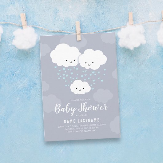 Clouds Family Couples Boy Blue Hearts Baby shower Kaart