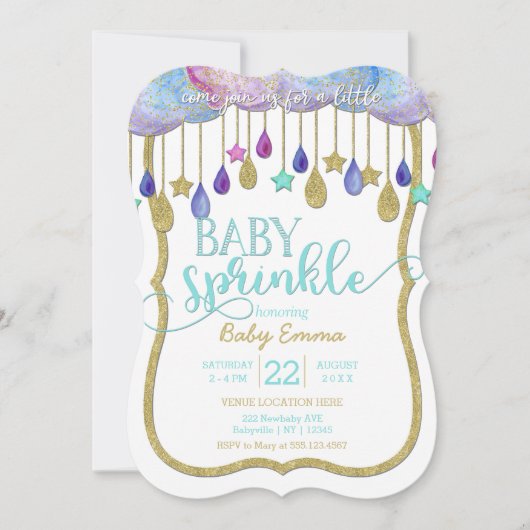 Clouds Gold Stars Sprinkle Baby shower Invitation Kaart (Voorkant)
