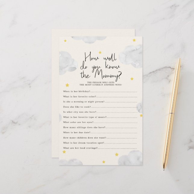 Clouds Hoe goed ken je mama Baby shower spel (Voorkant / Achterkant in situ)
