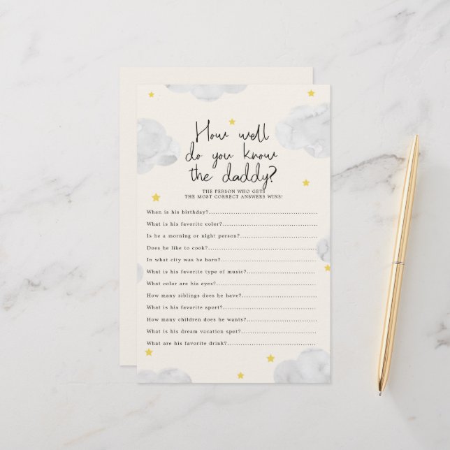 Clouds Hoe goed ken je papa Baby shower spel (Voorkant / Achterkant in situ)