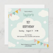 Clouds party flags baby first birthday invitation kaart (Voorkant / Achterkant)