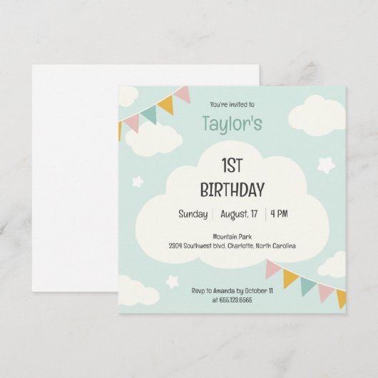 Clouds party flags baby first birthday invitation kaart (Voorkant / Achterkant)