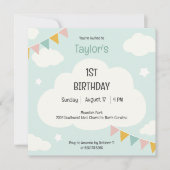 Clouds party flags baby first birthday invitation kaart (Voorkant)