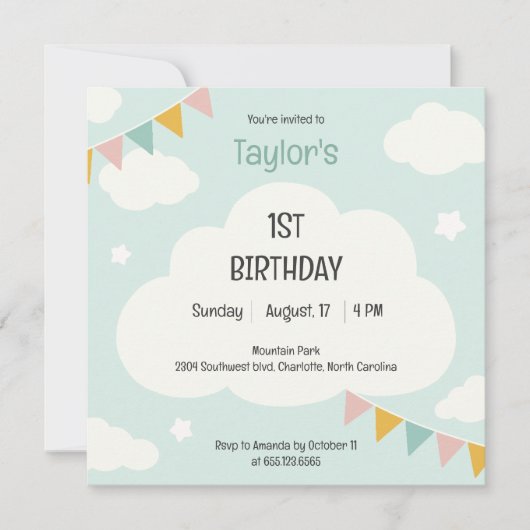 Clouds party flags baby first birthday invitation kaart (Voorkant)