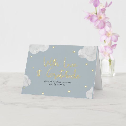 Clouds Stars Blue Grey Boy Baby shower Bedankt Folie Wenskaart (Orchidee)