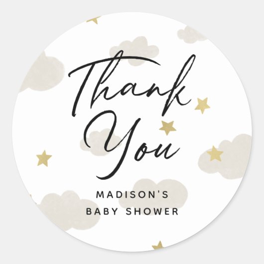 Clouds Stars Gold Hartelijk dank Baby shower Ronde Sticker (Voorkant)