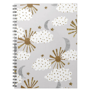 Clouds, sun, and moon, minimalistic pattern. notitieboek