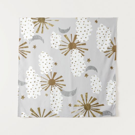 Clouds, sun, and moon, minimalistic pattern. wandkleed (Voorkant (horizontaal))