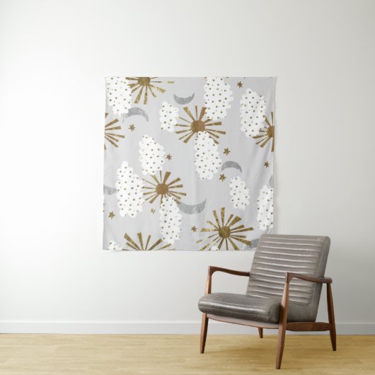 Clouds, sun, and moon, minimalistic pattern. wandkleed (In Situ (horizontaal))