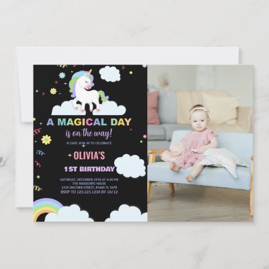Clouds Unicorn Verjaardag Uitnodigingen met foto (Voorkant)
