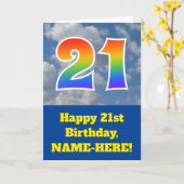 Cloudy Blue Sky, Rainbow Pattern "21" Birthday # Kaart (Gele Bloem)