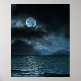 Cloudy Moon Shore bij nacht Poster