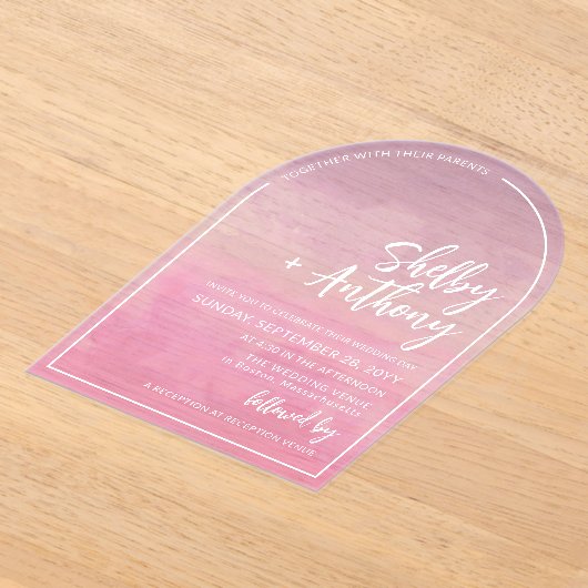 Cloudy Pastel Paarse Violet Arch Lijst bruiloft Acryl Uitnodigingen (Laagn)