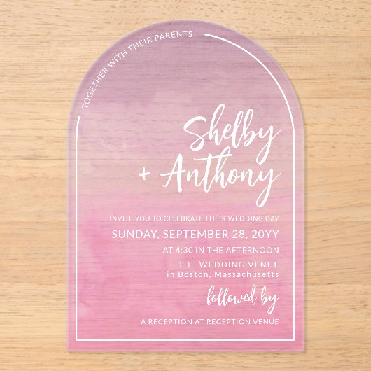 Cloudy Pastel Paarse Violet Arch Lijst bruiloft Acryl Uitnodigingen (Voorkant)