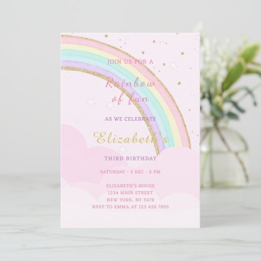 Cloudy Rainbow Birthday uitnodiging (Staand voorkant)