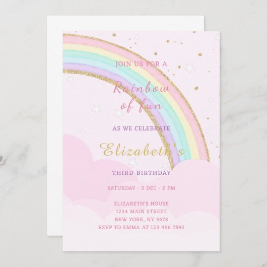 Cloudy Rainbow Birthday uitnodiging (Voorkant / Achterkant)