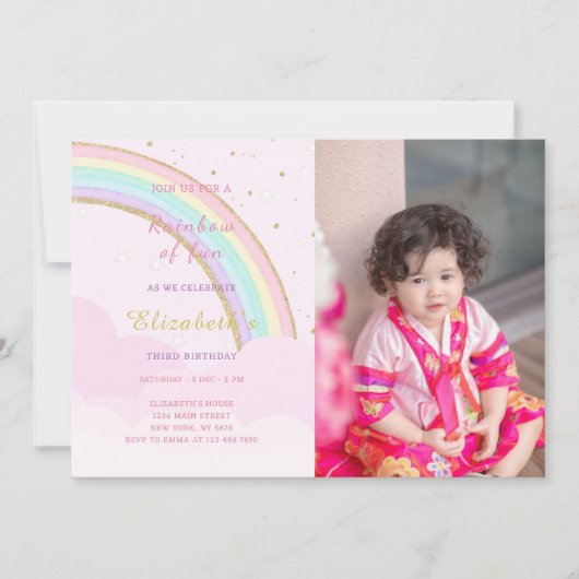 Cloudy Rainbow Birthday uitnodiging met foto (Voorkant)