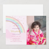 Cloudy Rainbow Birthday uitnodiging met foto (Voorkant / Achterkant)